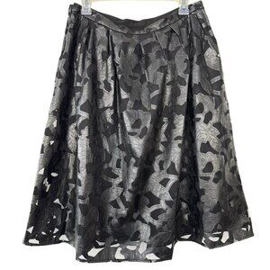 Michael Kors Black‎ Faux Leather A-Line Midi Skirt Mesh Sheer Floral Cutout 10